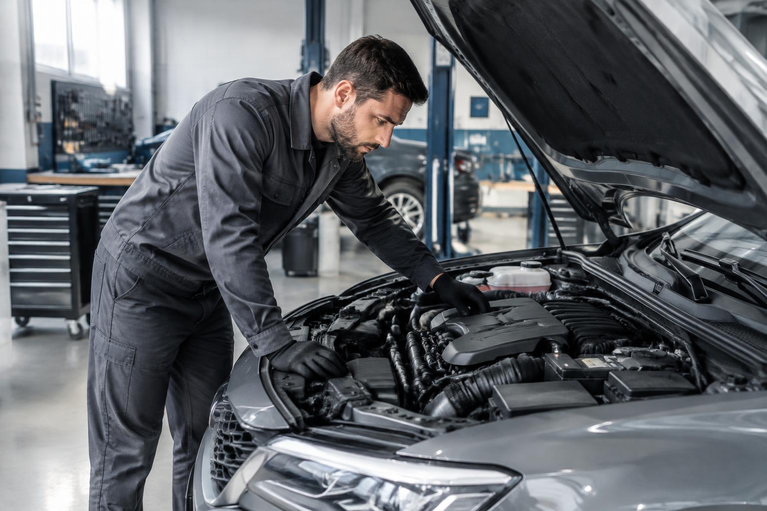 Mechanic carefully inspecting a car engine